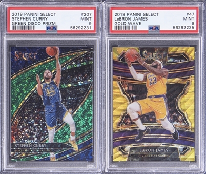 Lot of (2) 2019-20 Panini Select Featuring "Green Disco" Steph Curry (#5/5) & "Gold Wave" LeBron James - Both PSA MINT 9